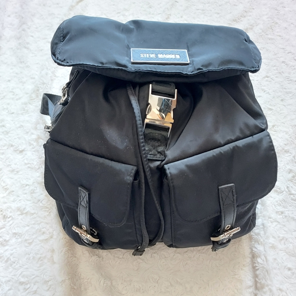 Steve Madden Broo Nylon Backpack Black Silver Hardware Academia Career - Picture 2 of 14